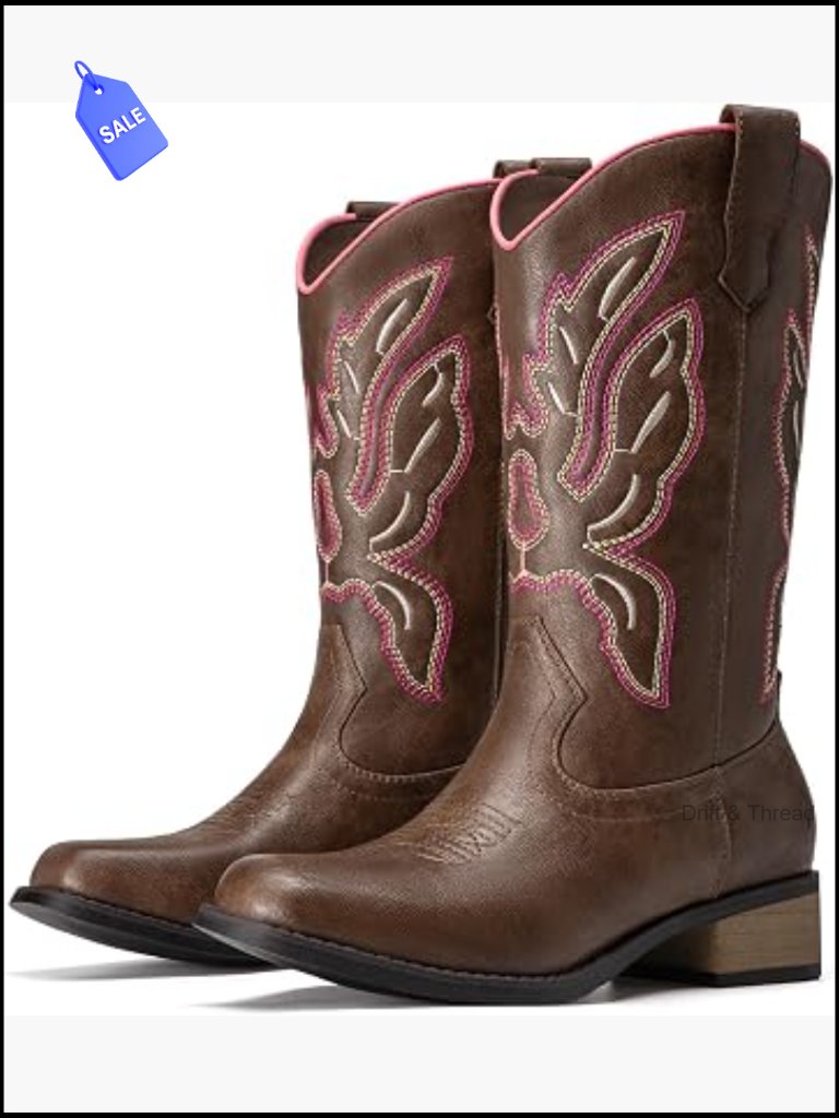 Mid Calf Square Toe Western Boots Chunky Heel Pull On Cowboy Cowgirl Boots